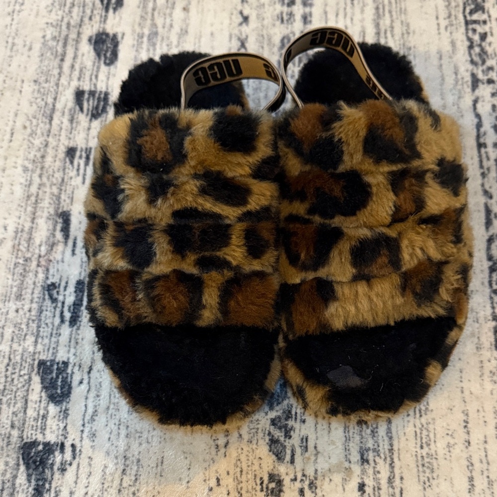 UGG Kids' Fuzzy Leopard Slippers in Brown and Black